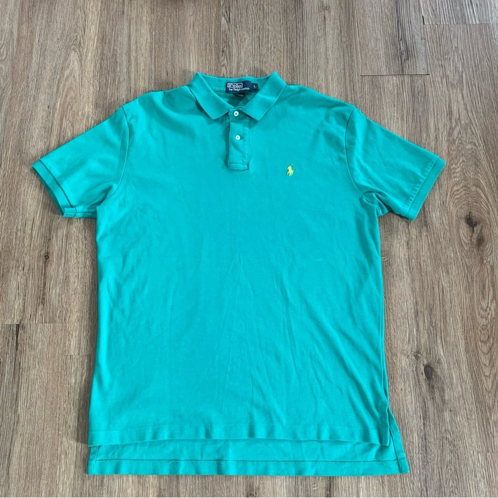 Vintage Polo Ralph Lauren Shirt Teal Men's L Yellow Pony Solid Classic 90s